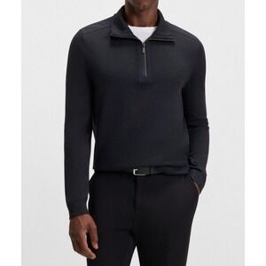 Hugo Boss Men's Sidney Half Zip Waffle Blend Pullover Navy Blue Softshell Trim